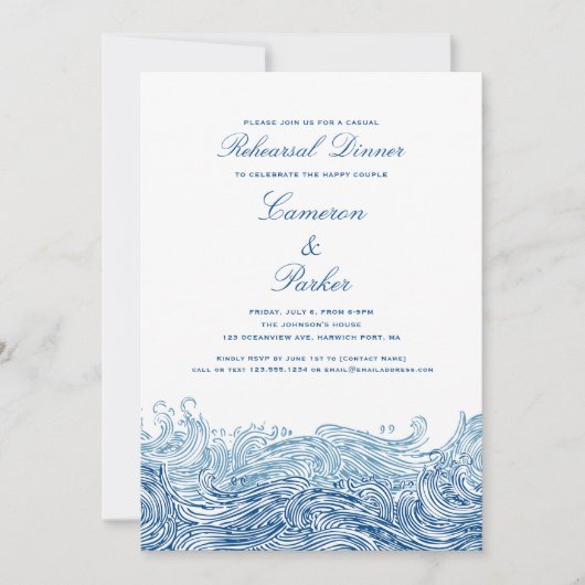 ブルー海波カジュアルのリハ結婚ーサルディナー 招待状 (正面)
