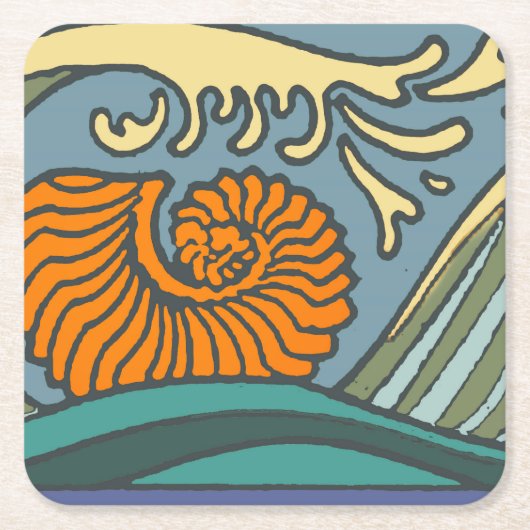 ブルー海波ナウチラスシーシェルパターン新しい スクエアペーパーコースター (正面)