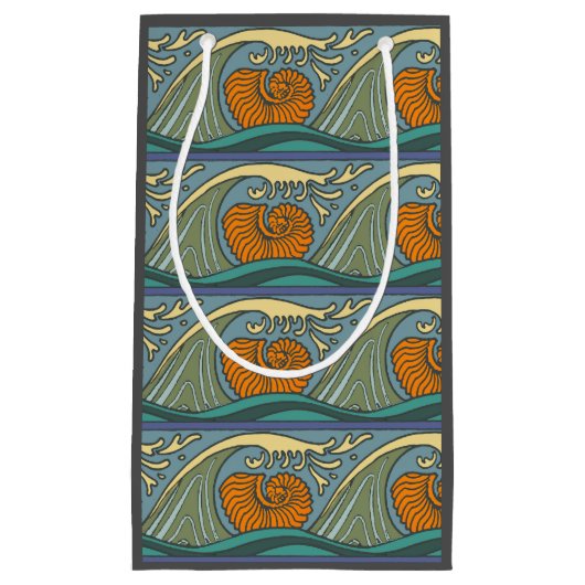 ブルー海波ナウチラスシーシェルパターン新しい スモールペーパーバッグ (正面)