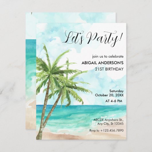 ブルー海波ビーチココナッツツリー招待状 招待状 (正面/裏面)