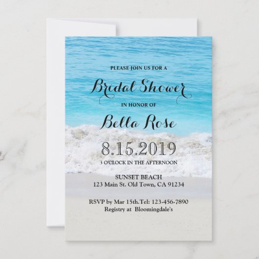ブルー海砂波ビーチブライダルシャワーカード 招待状 (正面)