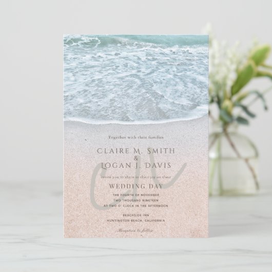 ブルー海&サンディビーチモノグラム結婚ズ 招待状 (スタンド正面)