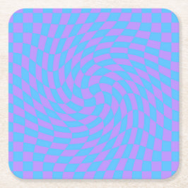 ブルー淡い色のとラベンダーの波形パタ市松模様にーン スクエアペーパーコースター