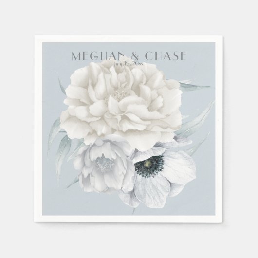 ブルー淡い色のアイボリークリームフローラ表示 スタンダードカクテルナプキン (正面)