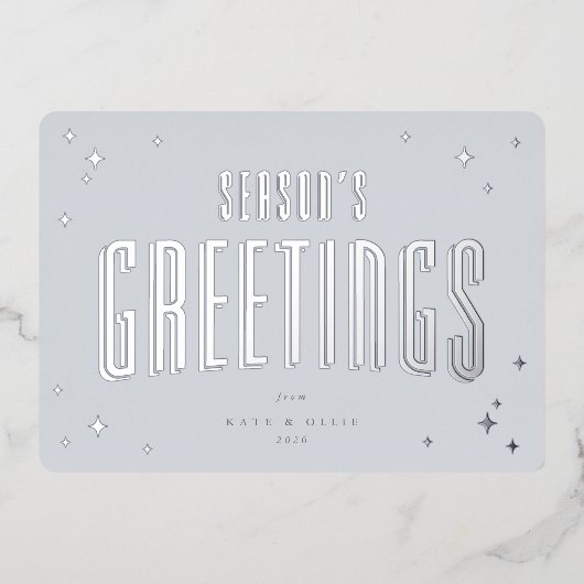 ブルー淡い色のシーズンズグリーティングレトロスターズフラット 箔シーズンカード (正面)