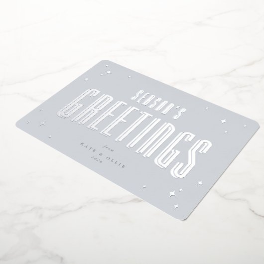 ブルー淡い色のシーズンズグリーティングレトロスターズフラット 箔シーズンカード (回転した状態)