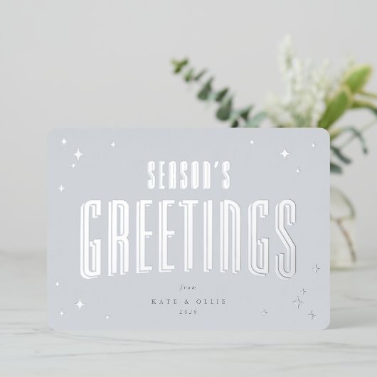 ブルー淡い色のシーズンズグリーティングレトロスターズフラット 箔シーズンカード (立ち正面)