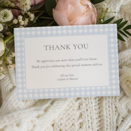 ブルー淡い色のジンガムクラシックボーイズ赤ちゃんシャワー サンキューカード