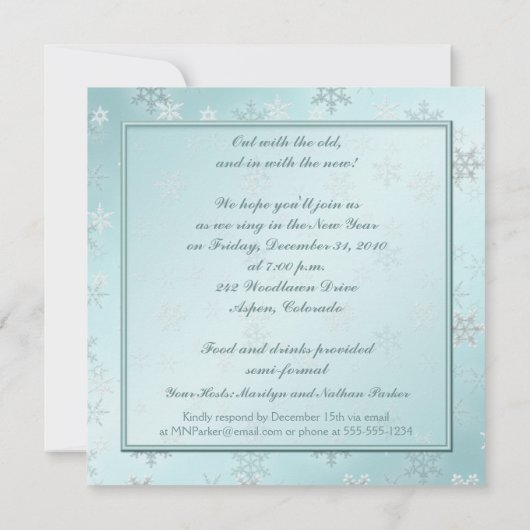 ブルー淡い色のスノーフレーク新年のイブパーティー招待状 招待状 (裏面)