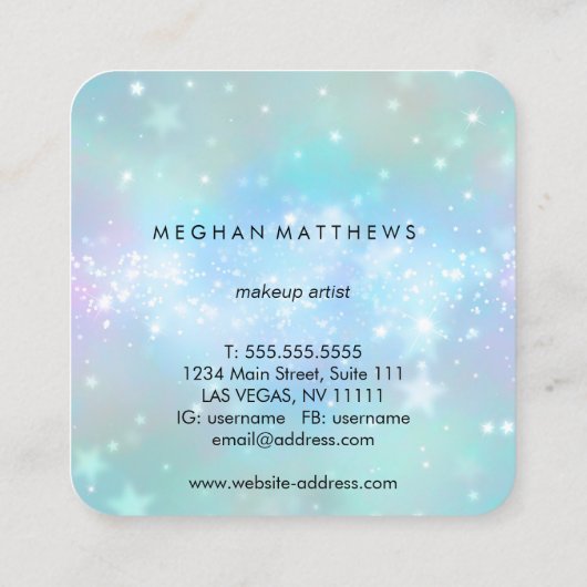 ブルー淡い色のスパークルズ美しいメイクアップアーティスト スクエア名刺 (裏面)