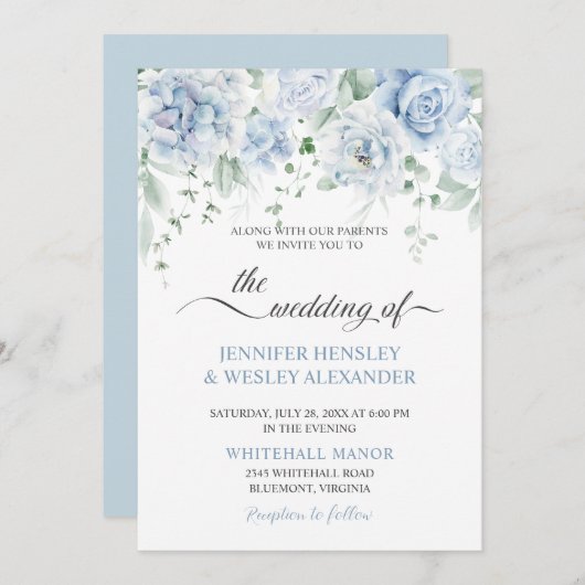ブルー淡い色のバラアジサイ結婚式招待状 招待状 (正面/裏面)
