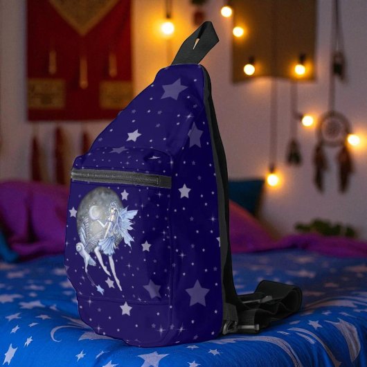 ブルー淡い色のフェアリーとフクロウの星空ファンタジーアート スリングバッグ