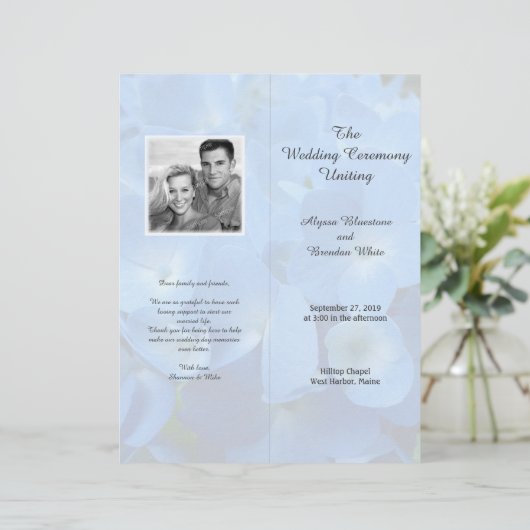 ブルー淡い色のフローラトールフォールディング結婚式 プログラム (スタンド正面)