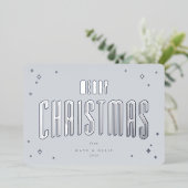 ブルー淡い色のメリークリスマスレトロスターズフラット 箔シーズンカード (立ち正面)