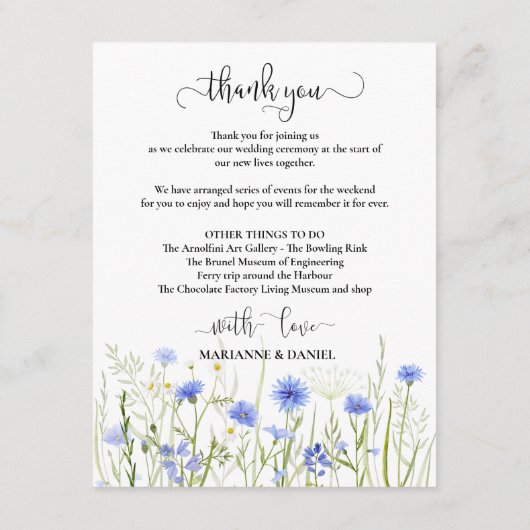 ブルー淡い色のワイルドフラワー結婚ズゲストウェルカム エンクロージャーカード (裏面)