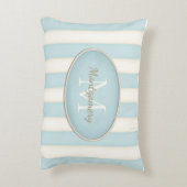ブルー淡い色の&クリームズストライプ楕円形モノグラム アクセントクッション (裏面(縦))
