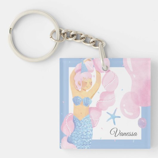 ブルー淡い色の&ピンクマーメイドパーティーアドベンチャーキーチェーン キーホルダー (正面)