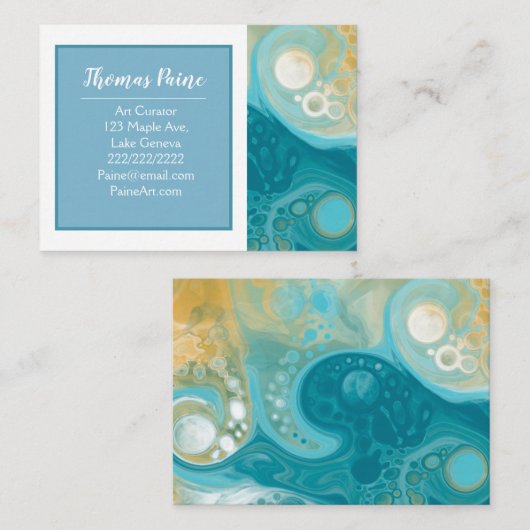 ブルー淡い色の,金ゴールド,ティール(緑がかった色),ターコイズ大理石アート 名刺 (正面/裏面)