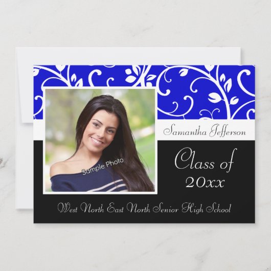 ブルー渦巻形のつる植物写真の卒業発表 招待状 (正面)