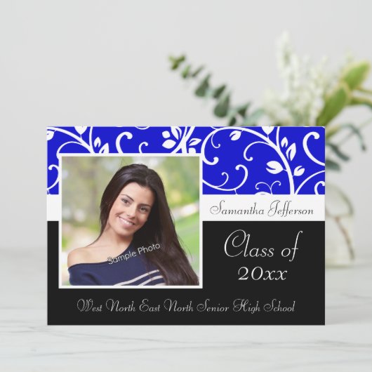 ブルー渦巻形のつる植物写真の卒業発表 招待状 (スタンド正面)