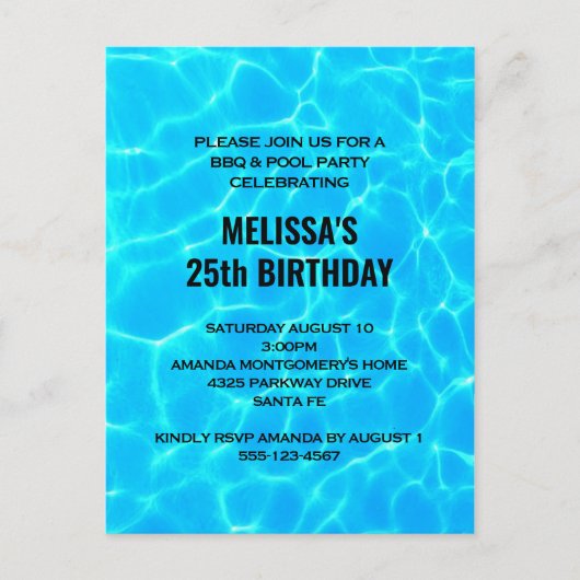 ブルー澄んプールウォーターフォト誕生日招待状 インビテーションポストカード (正面)