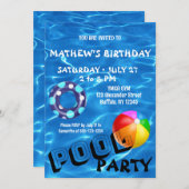ブルー澄んプールウォーター誕生日パーティーへの招待 招待状 (正面/裏面)