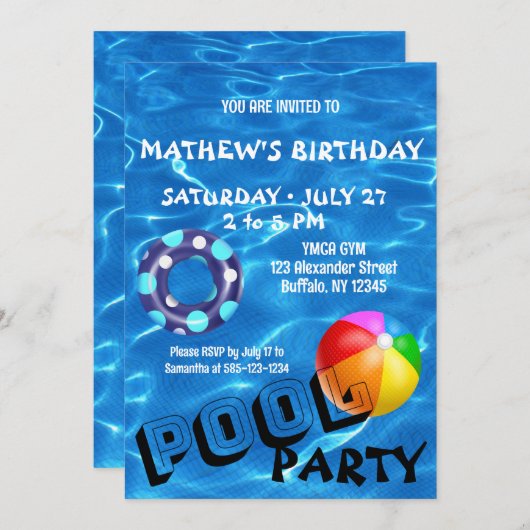 ブルー澄んプールウォーター誕生日パーティーへの招待 招待状 (正面/裏面)