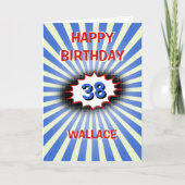 ブルー爆発名前をカスタムする時代レトロ誕生日 カード (正面)