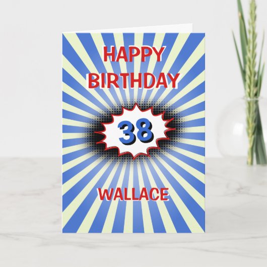 ブルー爆発名前をカスタムする時代レトロ誕生日 カード (正面)