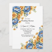 ブルー牡丹とイエローデイジーウェディングシャワー 招待状 (正面/裏面)