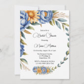 ブルー牡丹とイエローデイジーブライダルシャワー 招待状 (正面)