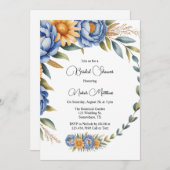 ブルー牡丹とイエローデイジーブライダルシャワー 招待状 (正面/裏面)