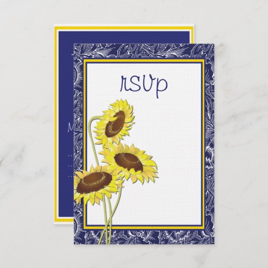ブルー王室のとイエローサンフラワーズコレクションRSVP 出欠カード (正面/裏面)