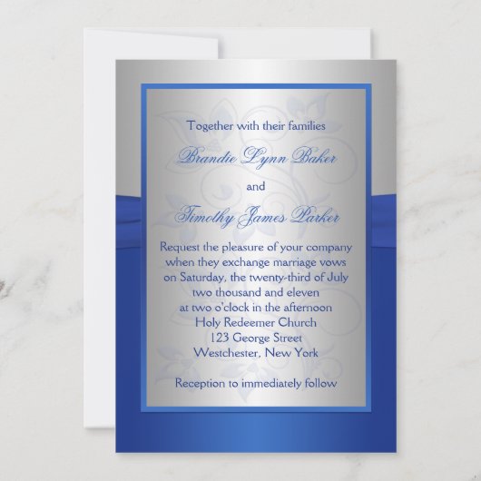 ブルー王室のとシルバーのハート結婚式招待状 招待状 (裏面)