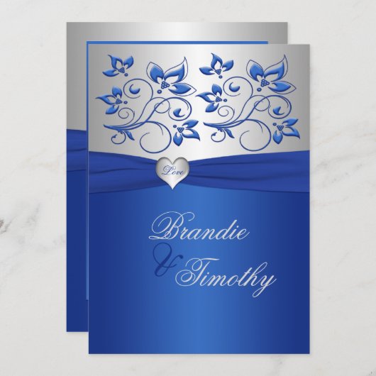 ブルー王室のとシルバーのハート結婚式招待状 招待状 (正面/裏面)