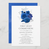 ブルー王室のとシルバーのフローラ第1聖餐式 招待状 (正面/裏面)