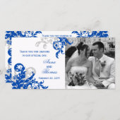 ブルー王室のとシルバーの結婚写真カード サンキューカード (正面/裏面)