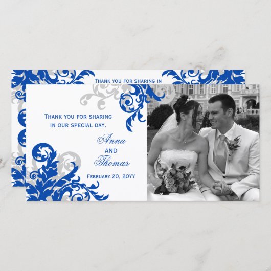 ブルー王室のとシルバーの結婚写真カード サンキューカード (正面/裏面)