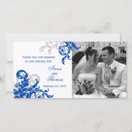 ブルー王室のとシルバーの結婚写真カード サンキューカード
