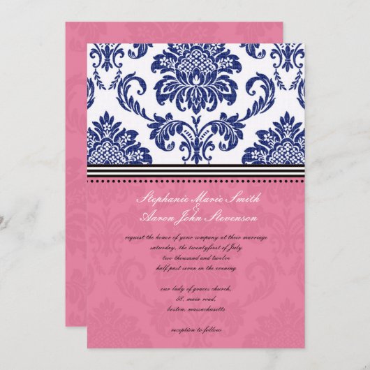 ブルー王室のとピンクダマスクウェディング招待状 招待状 (正面/裏面)