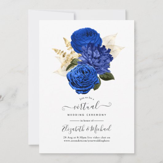 ブルー王室のと金ゴールドのフローラとレースバーチャル結婚 招待状 (正面)