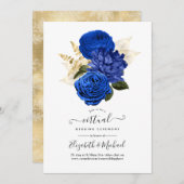 ブルー王室のと金ゴールドのフローラとレースバーチャル結婚 招待状 (正面/裏面)