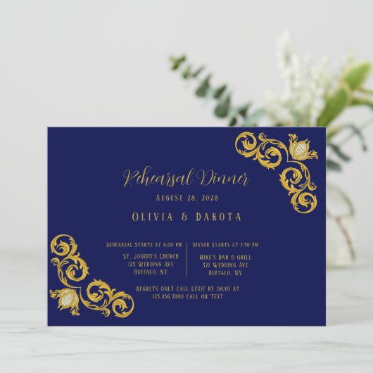 ブルー王室のと金ゴールドのリハ結婚ーサルディナー 招待状 (スタンド正面)