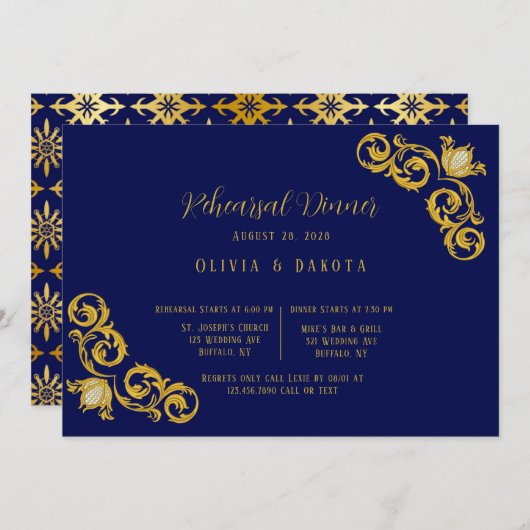 ブルー王室のと金ゴールドのリハ結婚ーサルディナー 招待状 (正面/裏面)