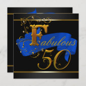 ブルー王室のと金ゴールドの素晴らしい50th誕生日パーティー 招待状 (正面/裏面)