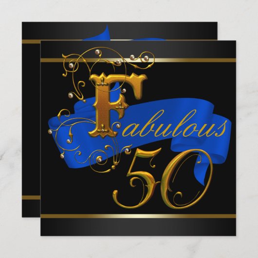 ブルー王室のと金ゴールドの素晴らしい50th誕生日パーティー 招待状 (正面/裏面)