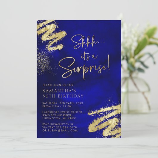 ブルー王室のと金ゴールドサプライズ誕生日招待状 招待状 (スタンド正面)