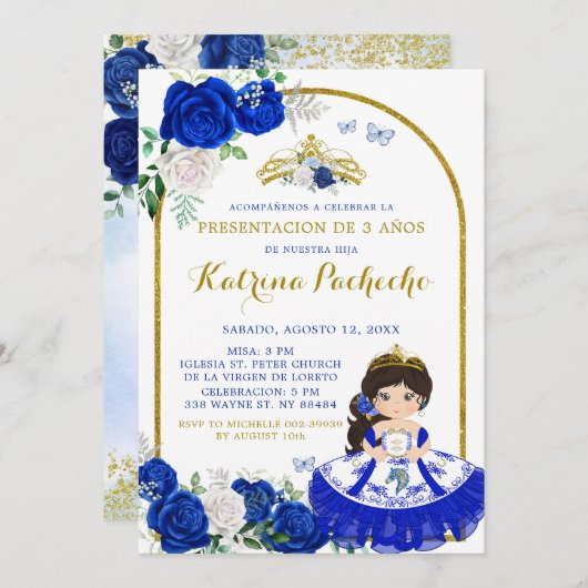 ブルー王室のと金ゴールドプレセóンデトレアオñス 招待状 (正面/裏面)