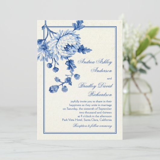 ブルー王室のアイボリートワールフローラ結婚式招待状 招待状 (スタンド正面)