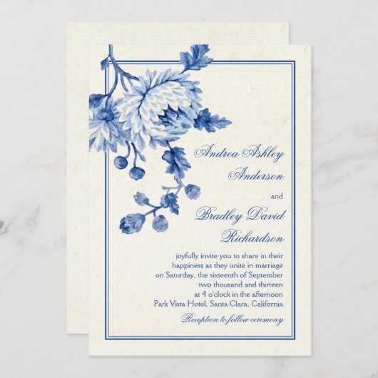 ブルー王室のアイボリートワールフローラ結婚式招待状 招待状 (正面/裏面)